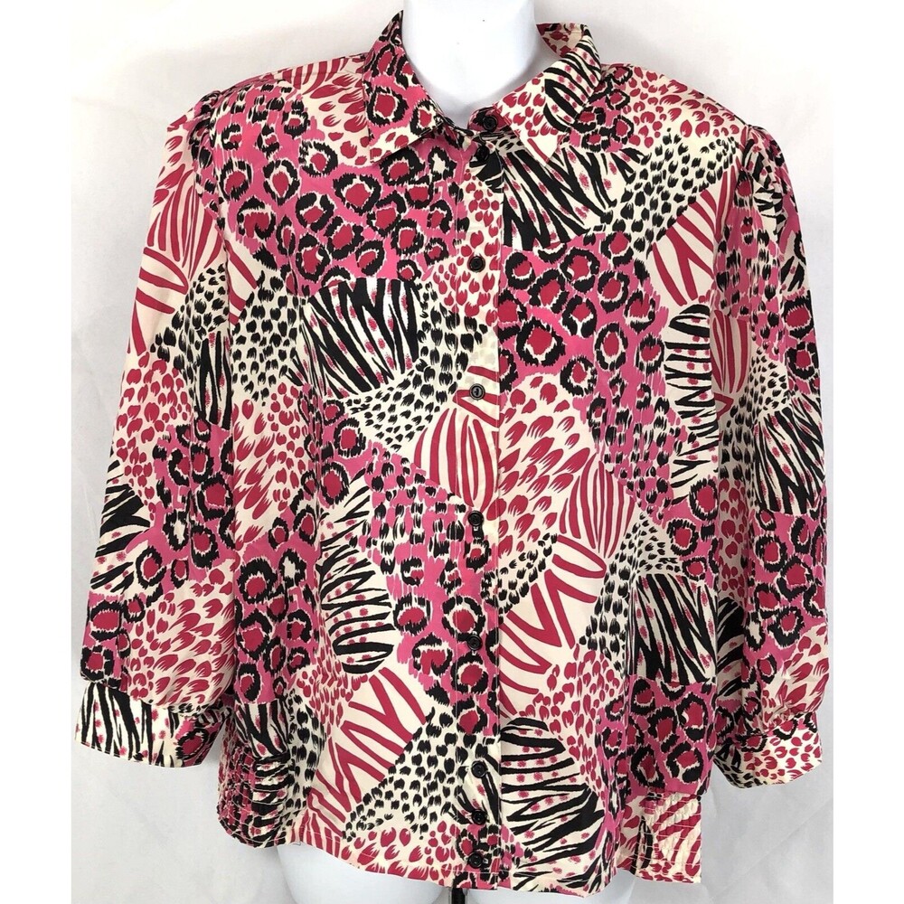 Vintage silky flowy Top 44 L zebra Pink Blk ButtonUp Collar 90s Career Glam Chic